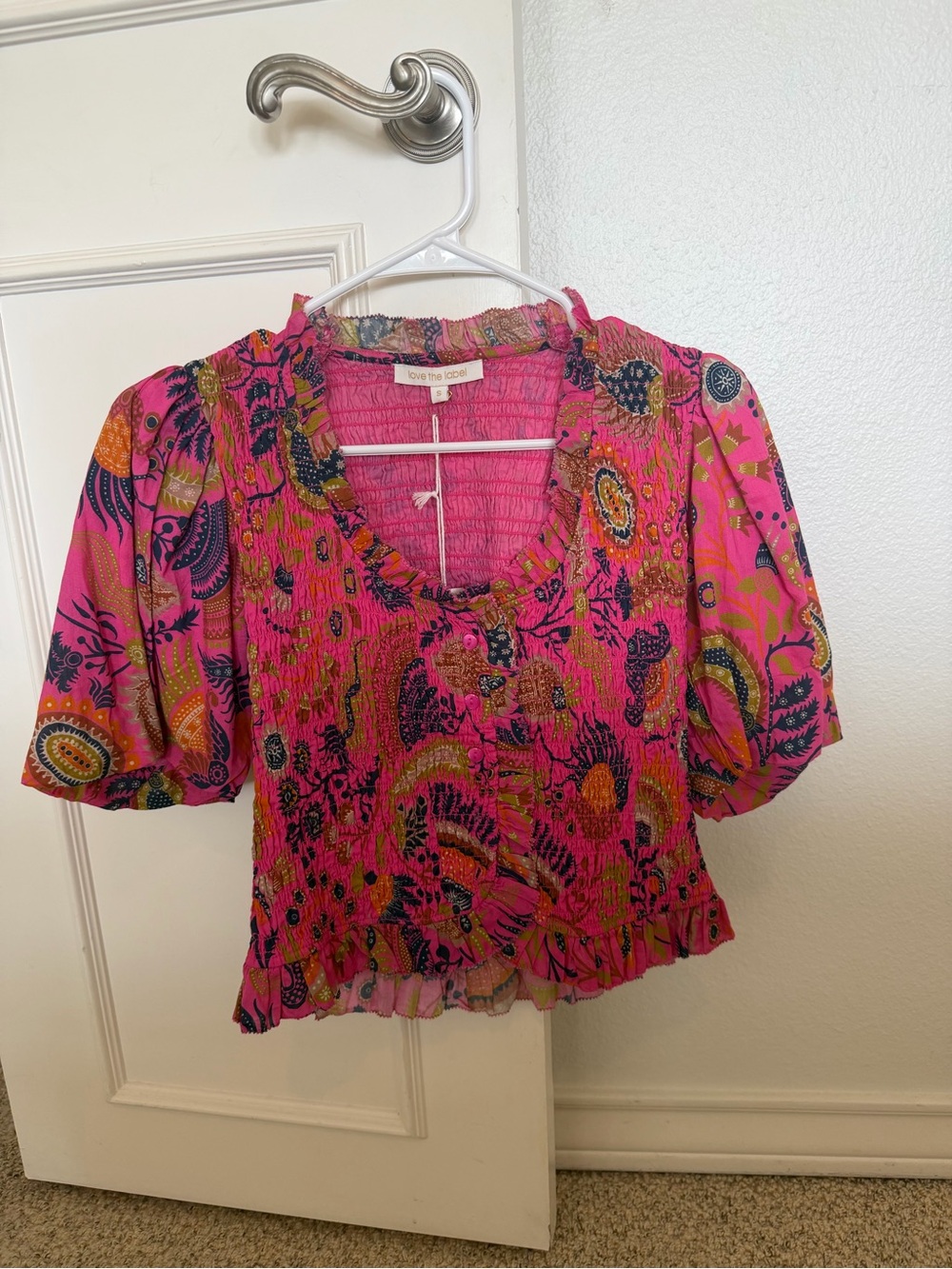 Love Tree Pink Paisley Smocked Peasant Blouse